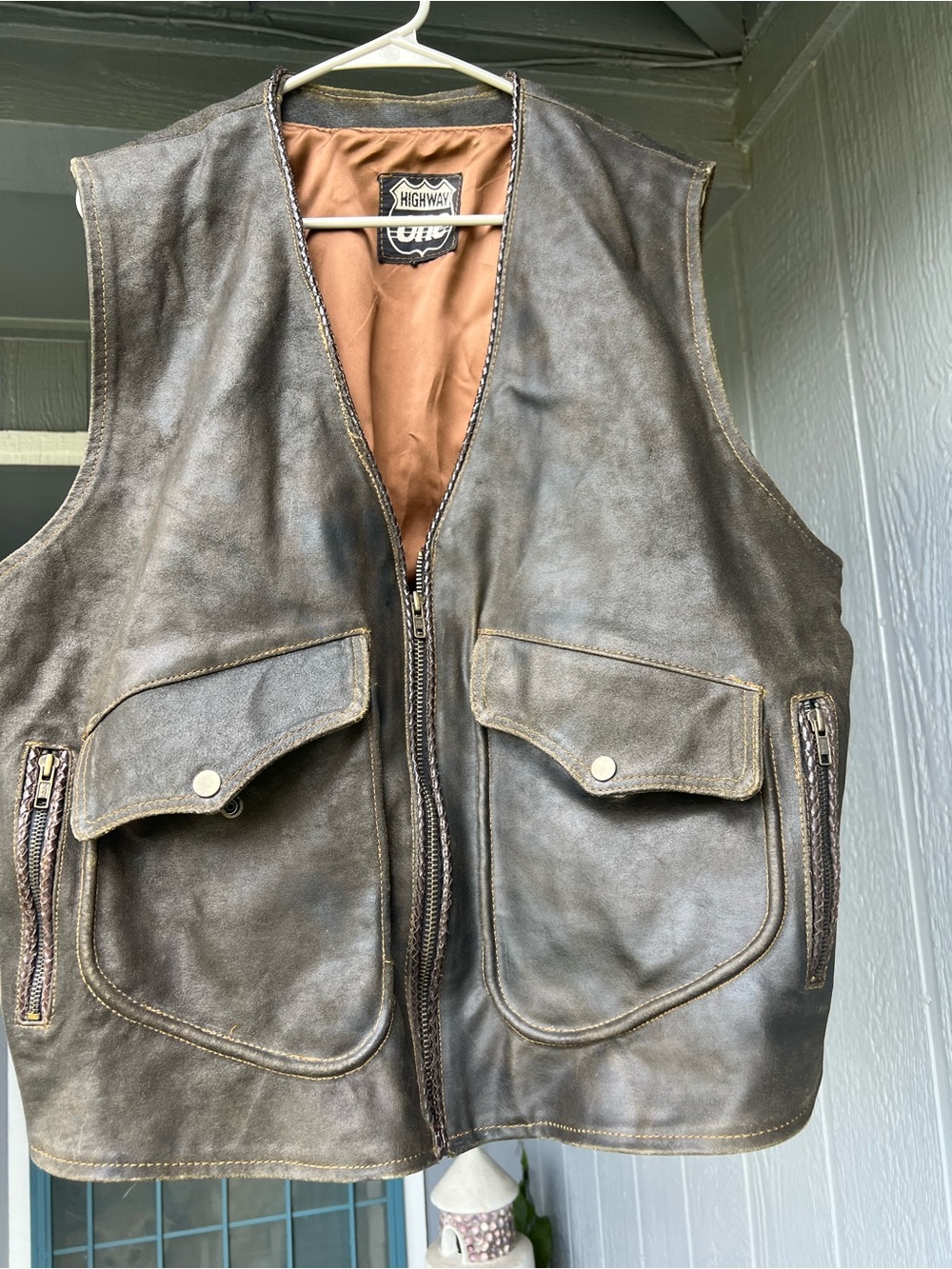 Highway One Vintage leather vest Motorcycle L  XL  braided pockets lined brown